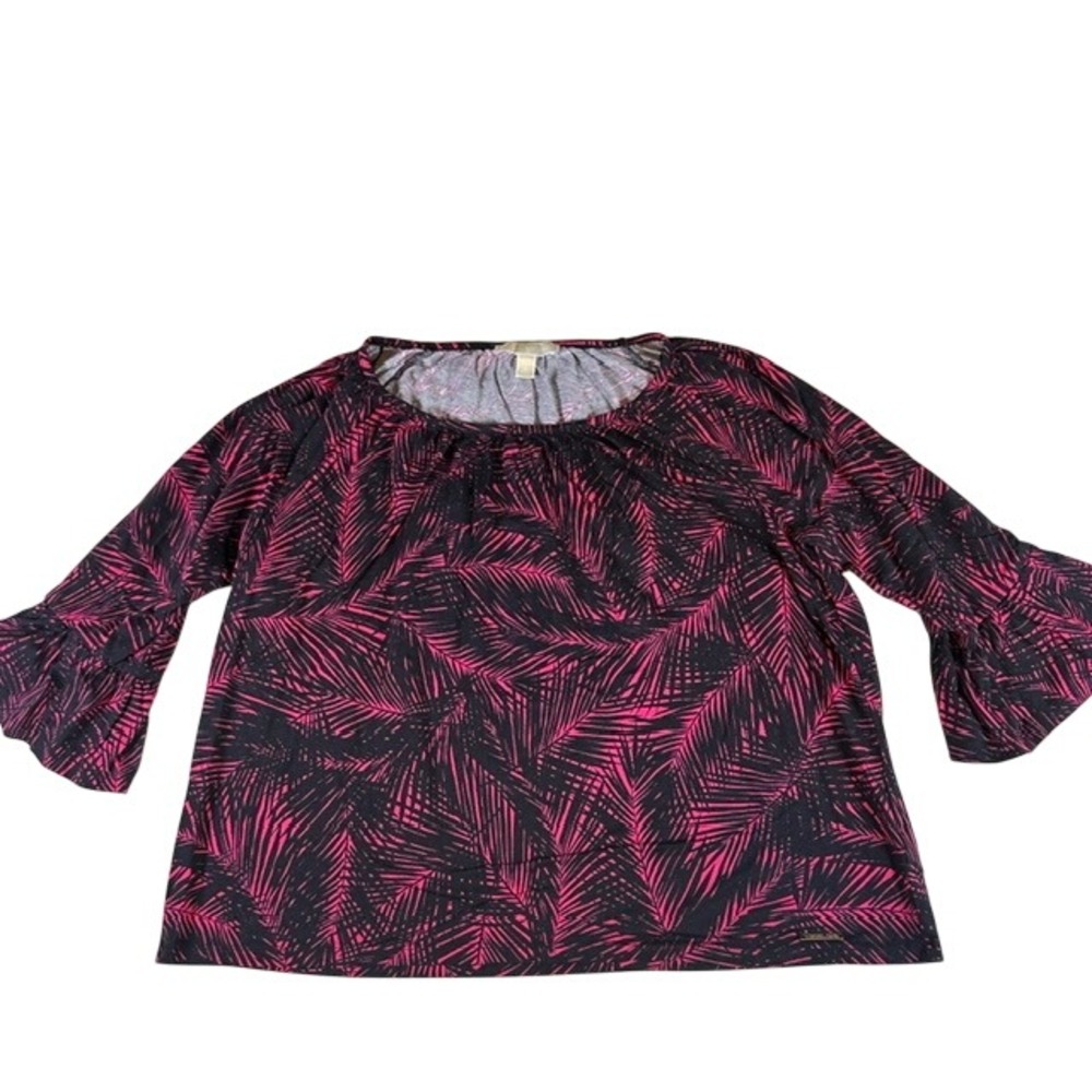 Michael Kors Women's Bright Pink Black Palms 3/4 Sleeve Blouse XL Career Casual